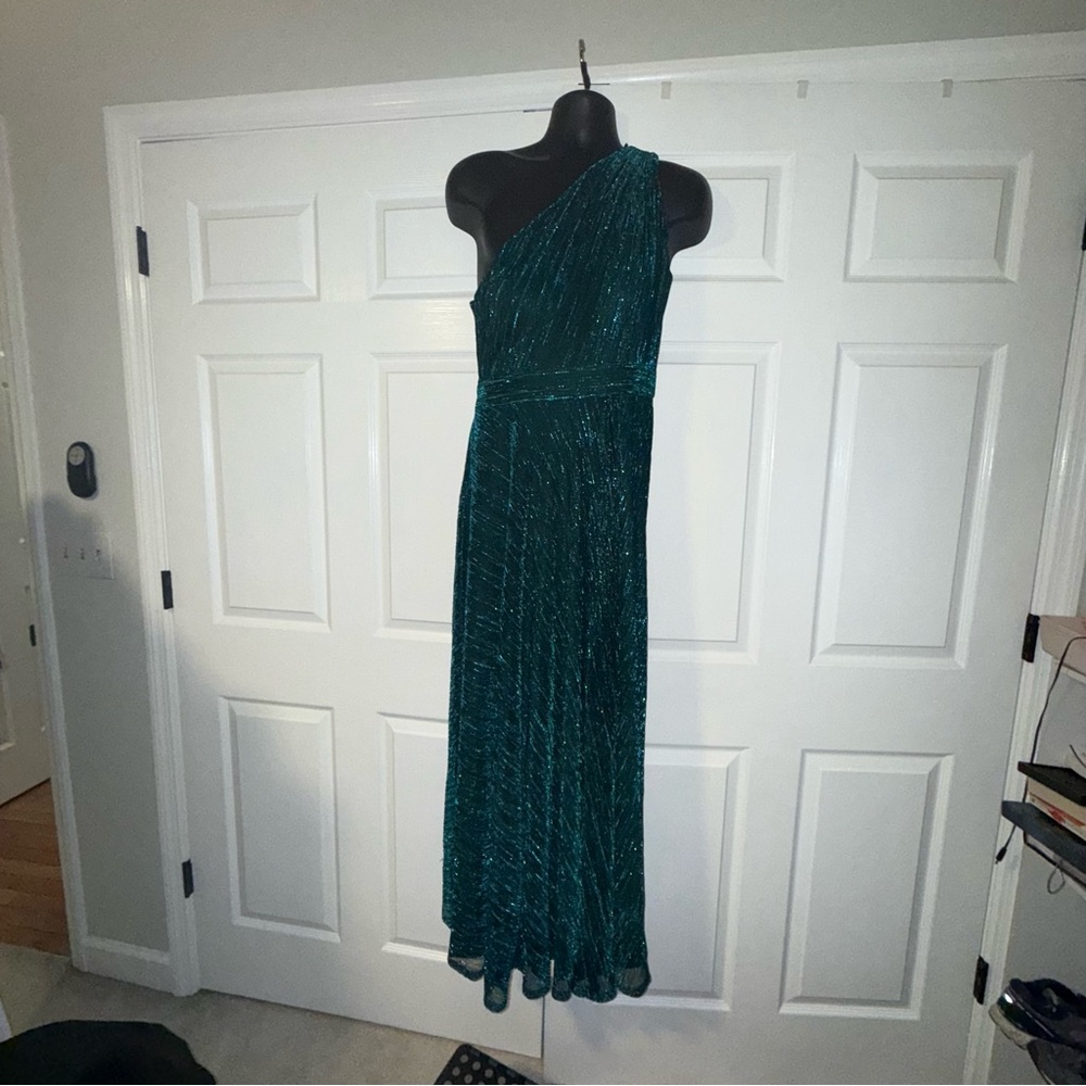 Betsy & Adam Blue Pleated One Shoulder Dress
